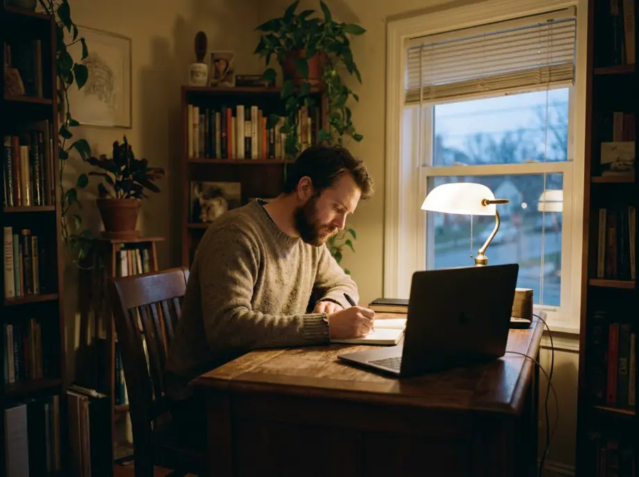 A man completing an online health review at a desk in the evening